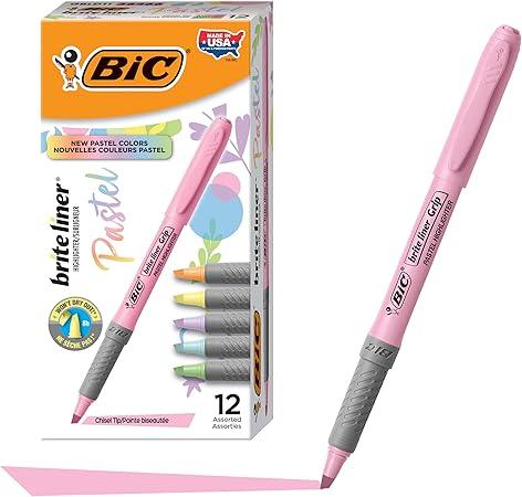 BIC Brite Liner Grip Pastel Highlighter Set, Chisel Tip, 12-Count Pack of Pastel Highlighters in Assorted Colors (colors may vary)