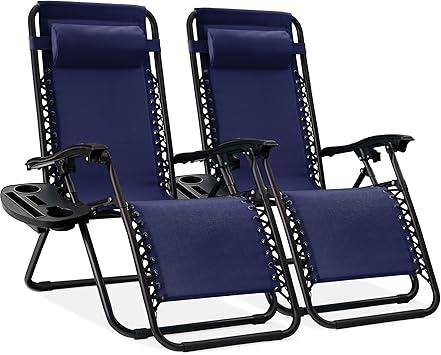 Best Choice Products Set of 2 Adjustable Steel Mesh Zero Gravity Lounge Chair Recliners w/Pillows and Cup Holder Trays, Navy Blue